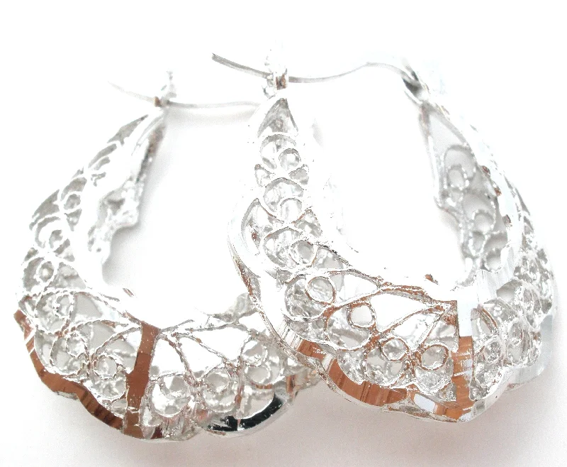 ladies silver earrings-Diamond Cut Filigree Hoop Earrings