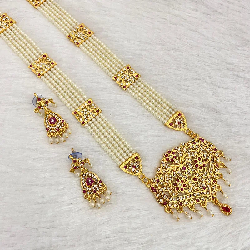 ladies designer necklaces-Trilok Jewel Gold Plated Austrian Stone And Pearl Long Necklace Set