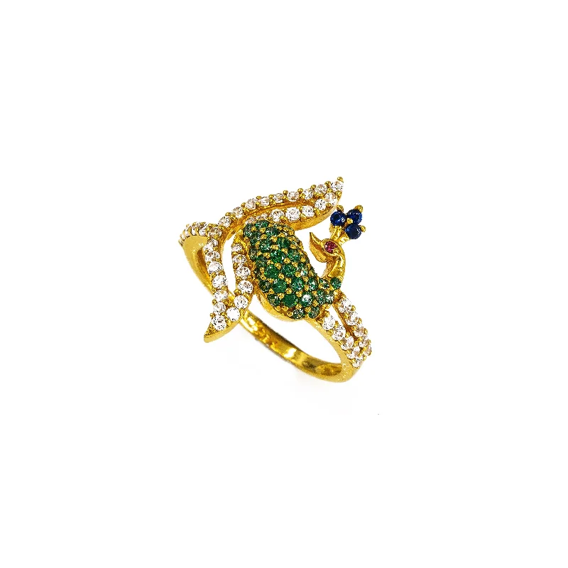 ladies gold rings-22K Yellow Gold Peacock Ring W/ CZ Encrusted Split Train & Asymmetric Band