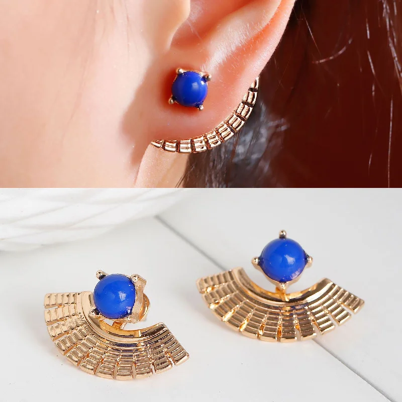 ladies minimalist earrings-Sexy Sparkles Ear Jacket Stud Earrings 1 Pair Square Fan-shaped Gold Plated Back Ear Cuffs Stud Earring