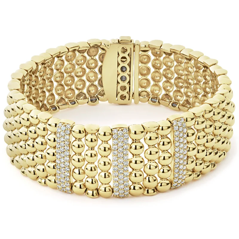 ladies diamond bangle bracelets-Caviar Gold Three Station 18K Gold Diamond Bracelet | 20mm