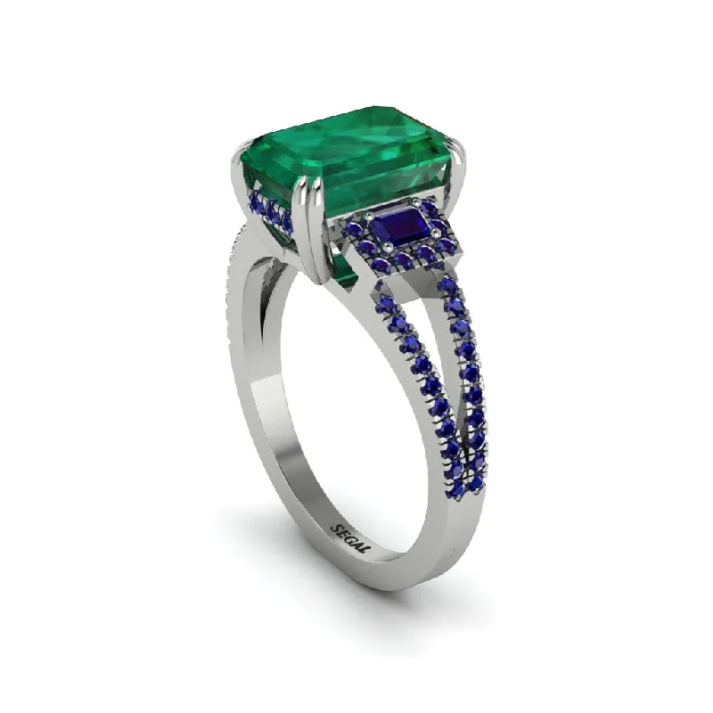 elegant ladies engagement rings-Split Shank Emerald Cut Emerald Designer Engagement Ring - Ursula No. 66