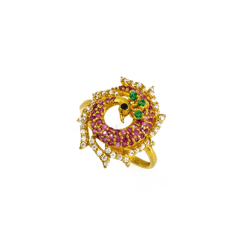 ladies rose gold rings-22K Yellow Gold Peacock Ring W/ Colored CZ Encrusted Circlet Body & Spread Train