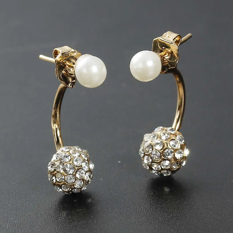 ladies trendy hoop earrings-SEXY SPARKLES Double Sided Ear Studs Earrings Round w/White Acrylic and Clear Rhinestone