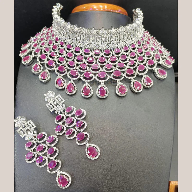 ladies inspirational necklaces-Jain Jewellers Silver Plated AD Stone Choker Necklace Set