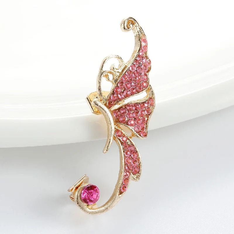 ladies classic stud earrings-SEXY SPARKLES Ear Cuff Clip On Stud Wrap Earrings For Left Ear Butterfly Gold Plated W/Fuchsia Rhinestone