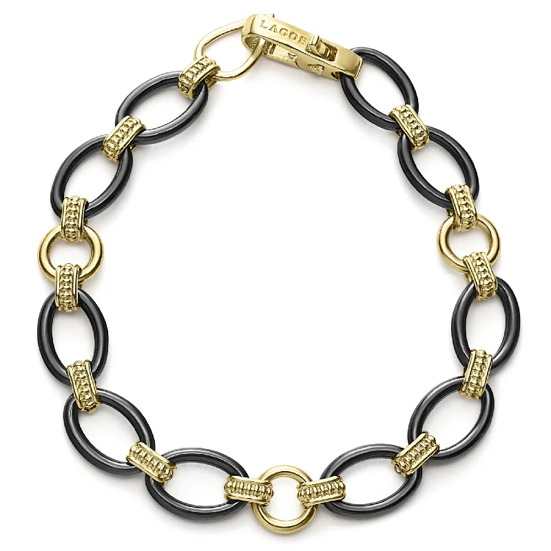 ladies adjustable bracelets-Meridian 18K Gold and Black Ceramic Link Bracelet | 10mm