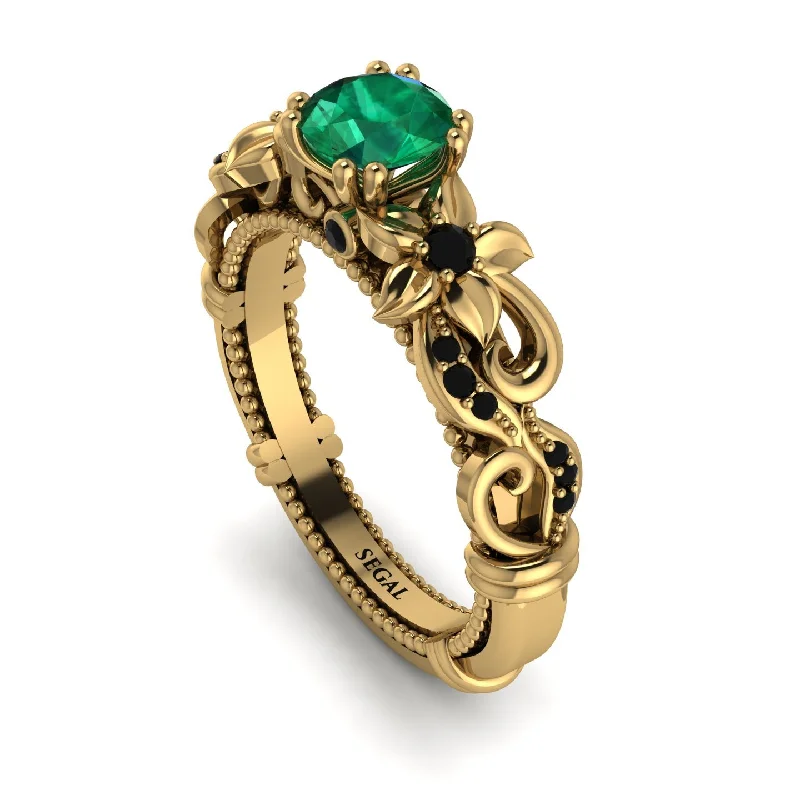 affordable ladies engagement rings-Vintage Flower Openwork Gold Emerald Engagement Ring - Ann No. 34