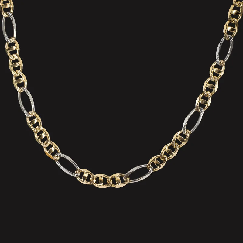 ladies custom necklaces-14k TWO TONE GOLD CHAIN NECKLACE 13.9gm 22 INCH MARINER FIGARO LINK WHITE YELLOW