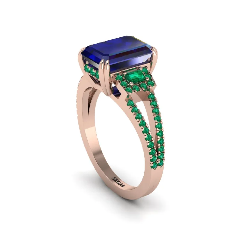 ladies engagement rings with turquoise stones-Split Shank Emerald Cut Sapphire Designer Engagement Ring - Ursula No. 29