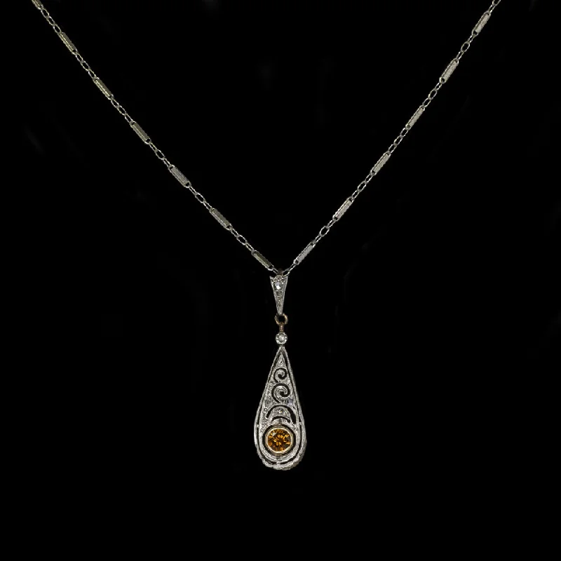 ladies glamorous necklaces-ART NOUVEAU DIAMOND NECKLACE ANTIQUE WHITE GOLD FANCY ORANGE NATURAL PENDANT