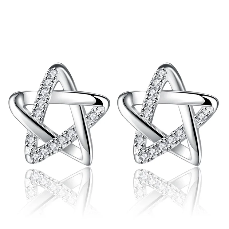 ladies fashion statement earrings-SEXY SPARKLES Pentagram Star Ear Post Stud Women Girls Earrings Silver Tone with Clear Cubic Zirconia