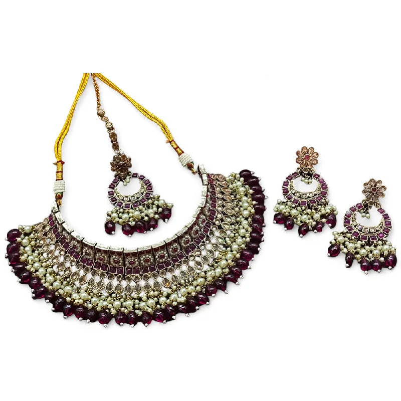 ladies diamond-studded necklaces-Gehana Mahal Gold Plated Crystal Stone Pearl And Beads Necklace Set