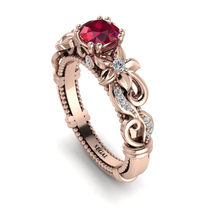 luxurious ladies engagement rings-Vintage Flower Openwork Gold Ruby Engagement Ring - Ann No. 11