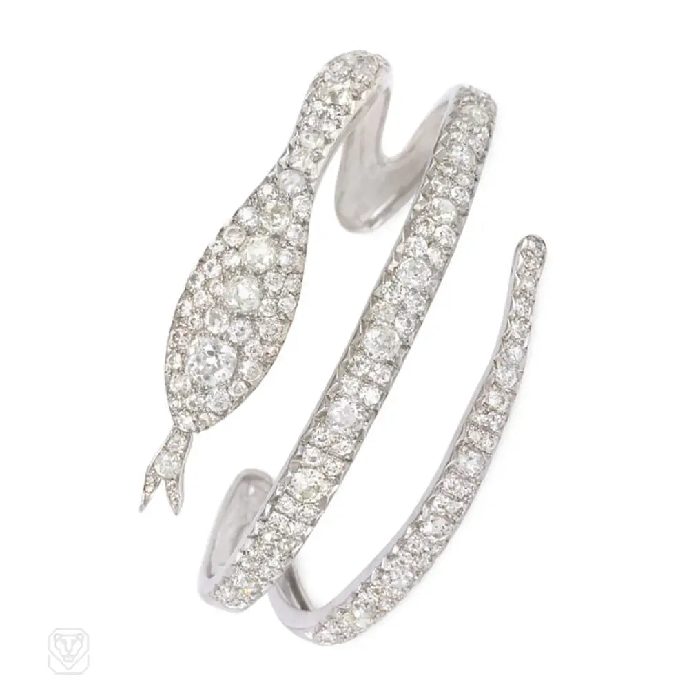 ladies cuff bracelets-Art Deco diamond snake bracelet, France