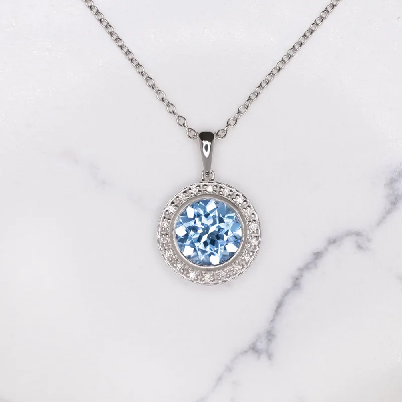 ladies artistic necklaces-4 ct SWISS BLUE TOPAZ DIAMOND PENDANT NECKLACE 14k WHITE GOLD HALO ROUND CUT