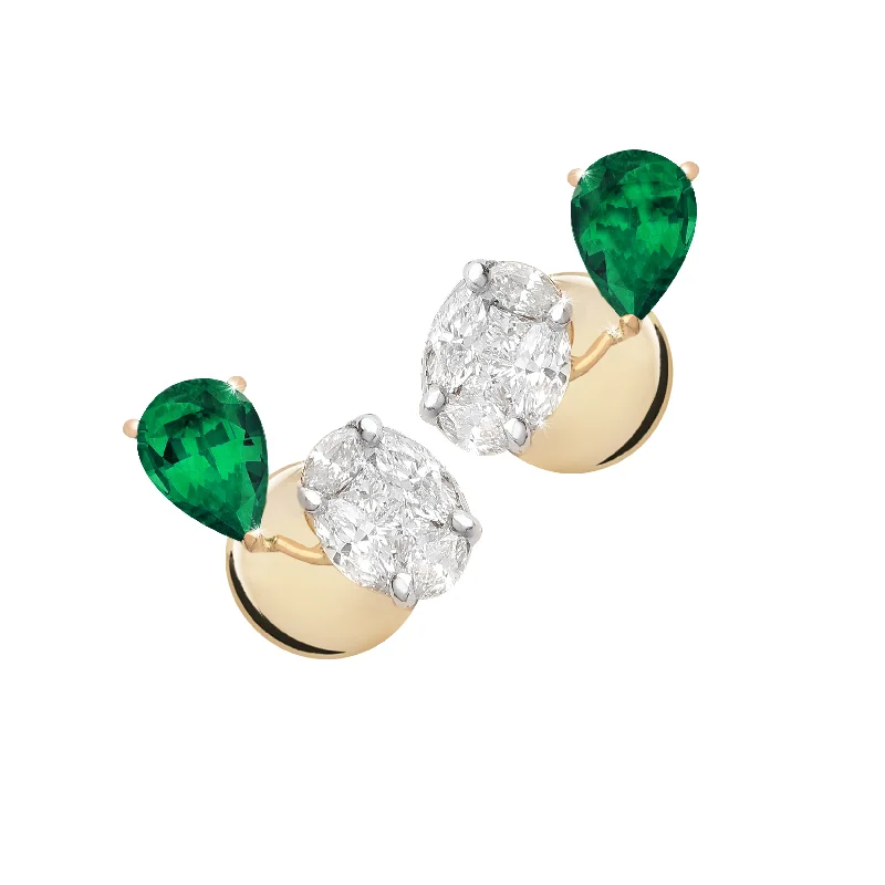 ladies gold gemstone earrings-Emerald Diamond Duo Stud Earrings