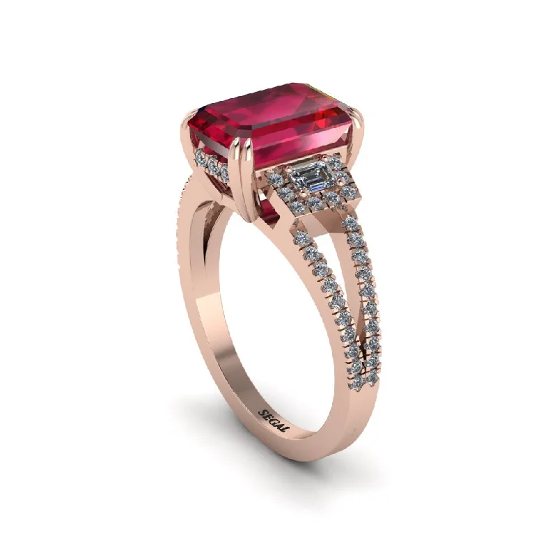 modern solitaire engagement rings for ladies-Split Shank Emerald Cut Ruby Designer Engagement Ring - Ursula No. 11