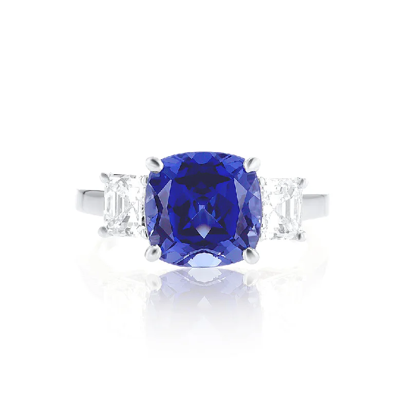 ladies fashion rings-4.51 CT Cushion Lab Grown Sapphire and 1.20 Cttw Asscher Diamond Three Stone Platinum Ring