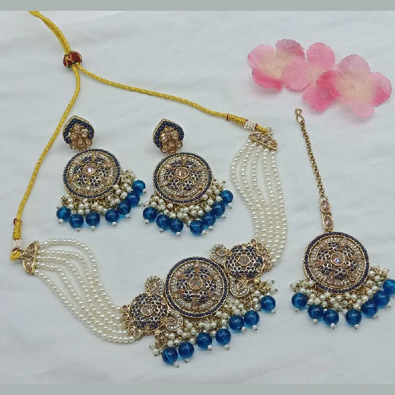 ladies engraved necklaces-Anjali Jewellery Gold Plated Crystal Stone Pearl And Beads Choker Necklace Set