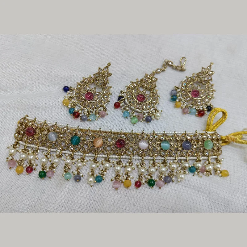 ladies choker necklaces-Rani Sati Jewels Gold Plated Crystal Stone And Pearl Choker Necklace Set