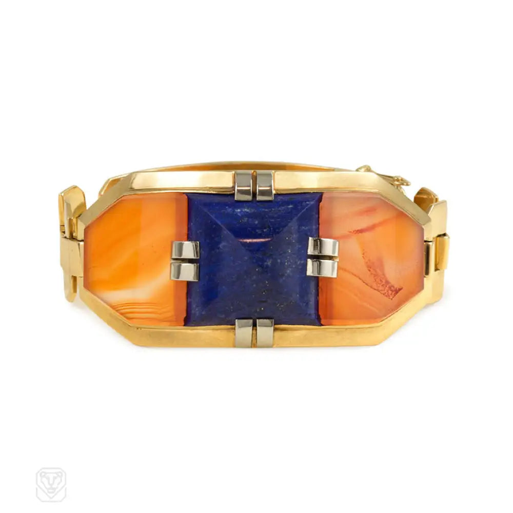 ladies cuff bangles-Art Deco lapis and carnelian bracelet. Georges Lenfant