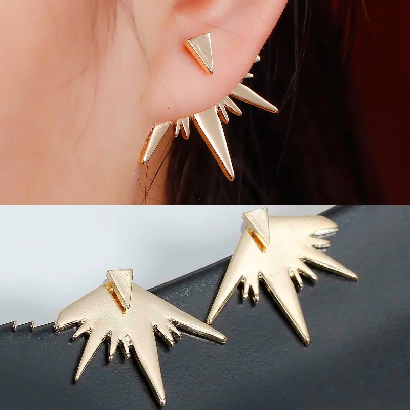 ladies gold stud earrings-Sexy Sparkles Ear Jacket Stud Polygon Gold Plated Earrings Back Ear Cuffs Stud Earring