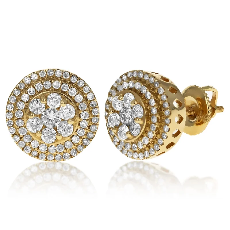 ladies floral stud earrings-Double Halo Diamond Cluster Earrings | 14K Gold