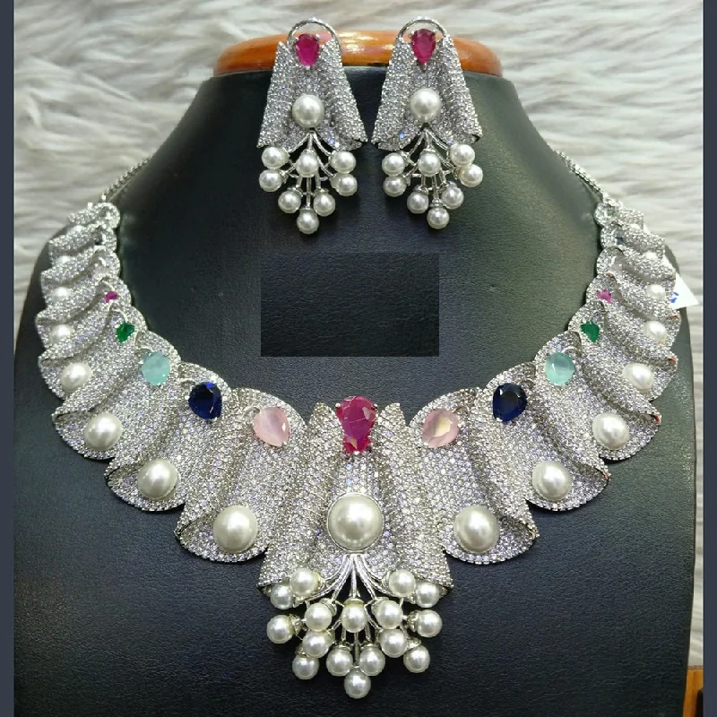 ladies collar necklaces-Jain Jewellers Silver Plated AD Necklace Set