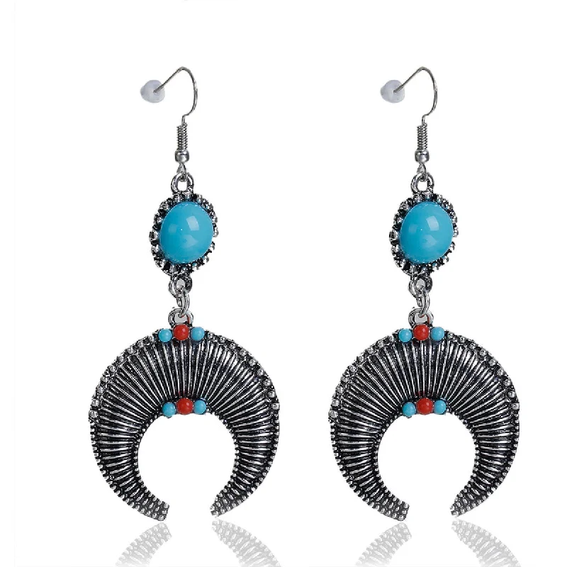 ladies bridal hoop earrings-Sexy Sparkles Turquoise Long Dangling Fashion Earrings for Women Boho Chic Earrings Dangle Blue Crescent Moon Double Horn