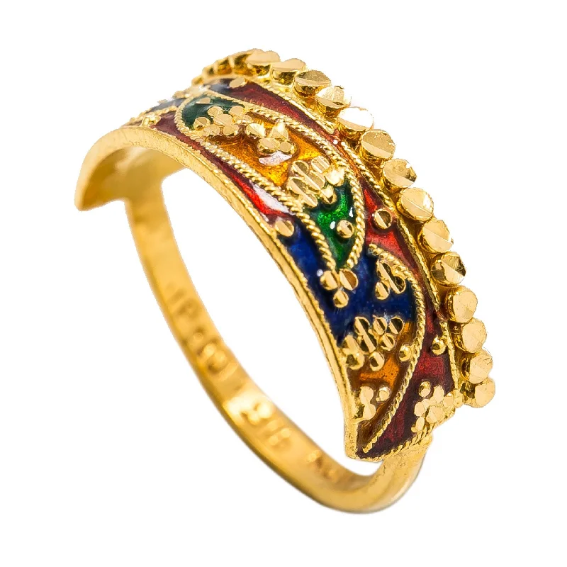 ladies eternity band rings-22K Yellow Gold Enamel Ring W/ Crown Design & Curved Rope Details