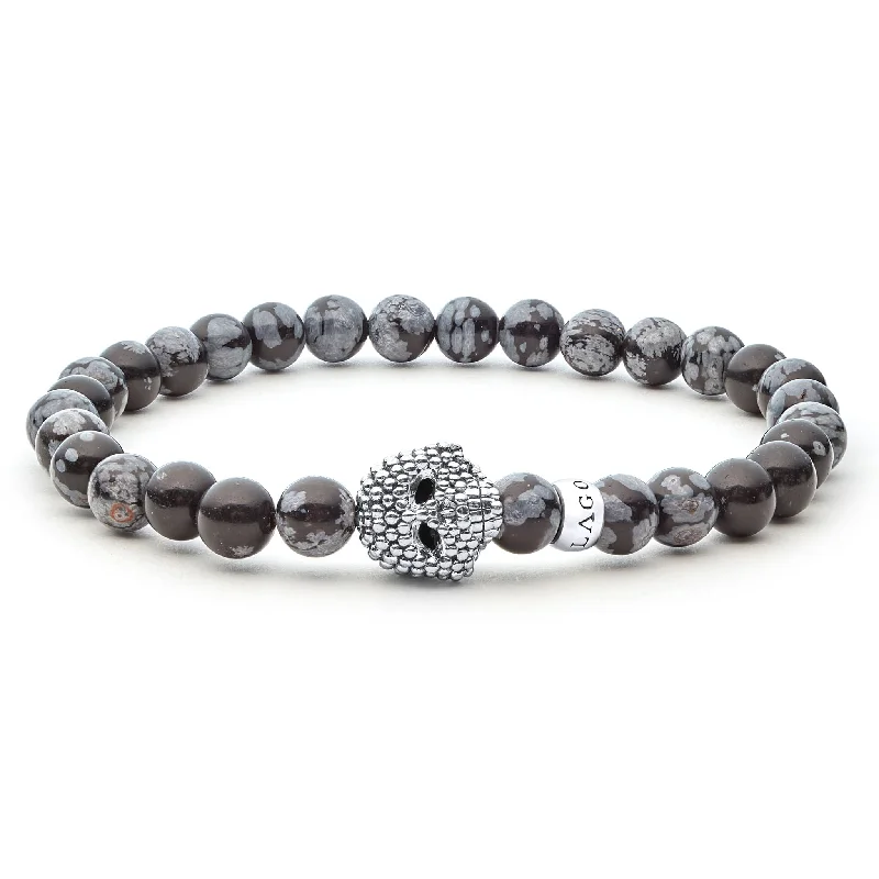 ladies crystal bangles-Anthem Snowflake Obsidian Skull Bracelet