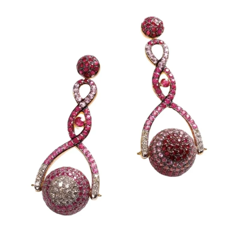 ladies everyday earrings-Ruby Pave Spinning Ball Drop Earrings