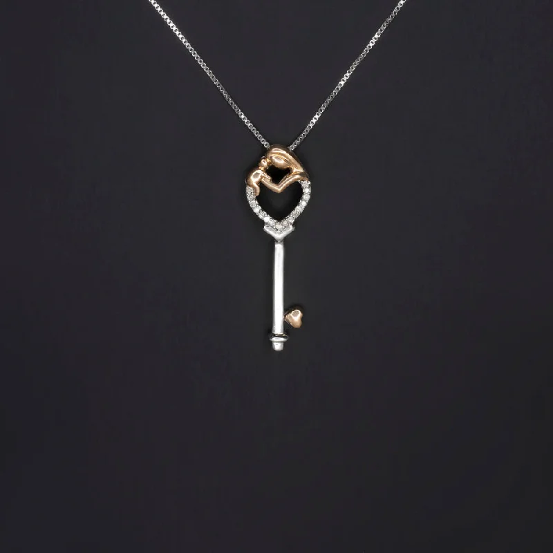 ladies elegant chain necklaces-DIAMOND MOTHER AND BABY KEY NECKLACE 14k ROSE GOLD SILVER PENDANT PUSH PRESENT