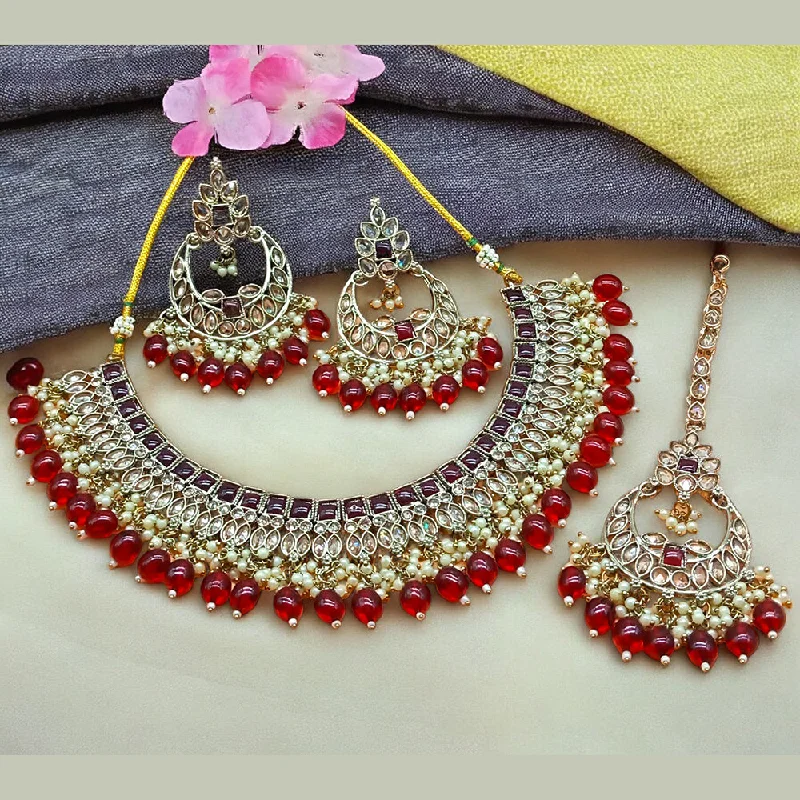 ladies double-layer necklaces-Gehana Mahal Gold Plated Crystal Stone Pearl And Beads Necklace Set