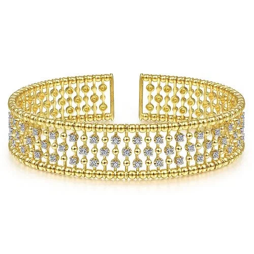 ladies custom bracelets-14K Yellow Gold Wide Diamond Cage Cuff Bracelet