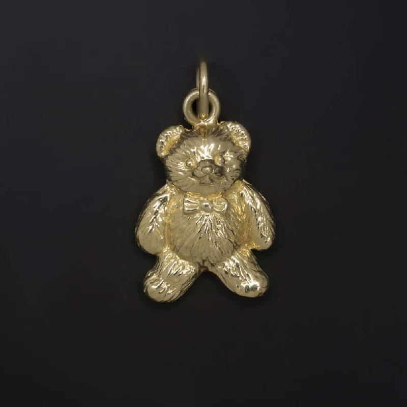 ladies long necklaces-14k YELLOW GOLD DETAILED HANDMADE TEDDY BEAR CHARM PENDANT NECKLACE CUTE GIFT