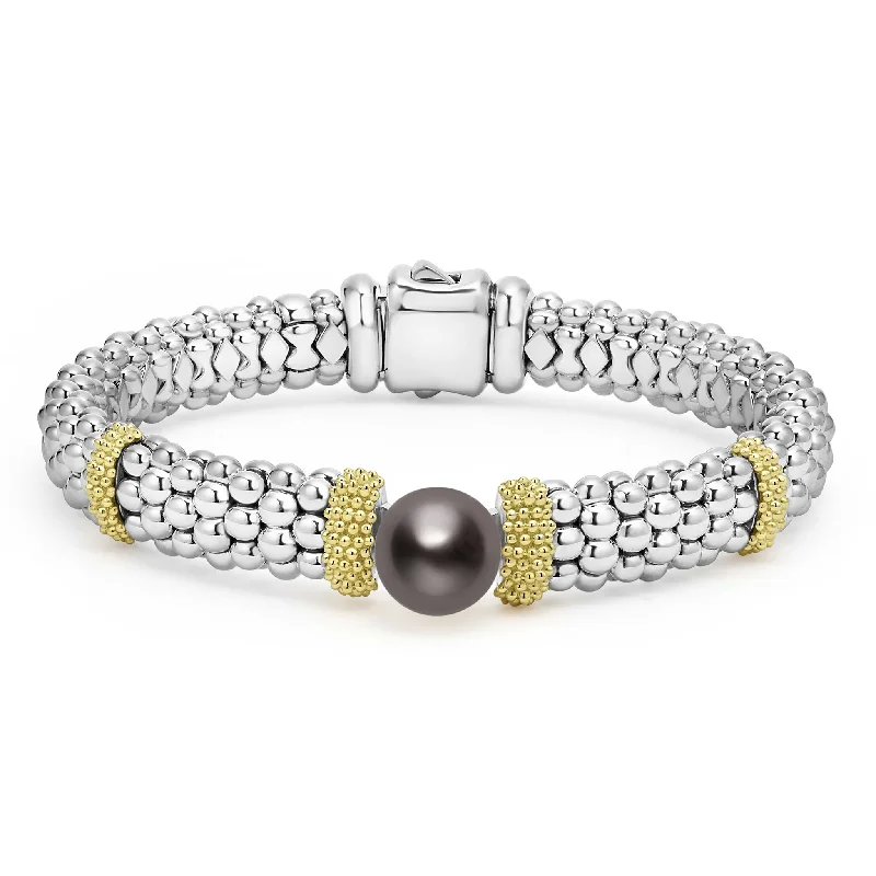 ladies elegant bangles-Luna Two-Tone Tahitian Black Pearl Caviar Bracelet | 9mm