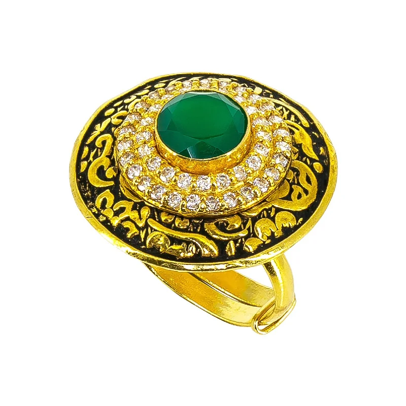 ladies eternity rings-22K yellow Gold antique Ring with circle emerald stone and cubic zirconium