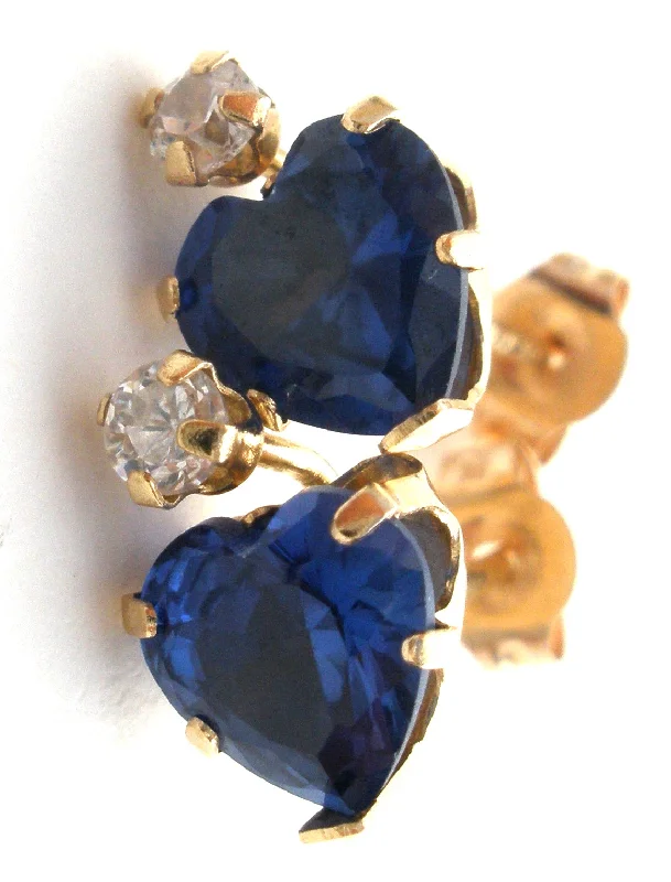 ladies romantic earrings-Heart Sapphire Blue CZ Earrings 10K Gold