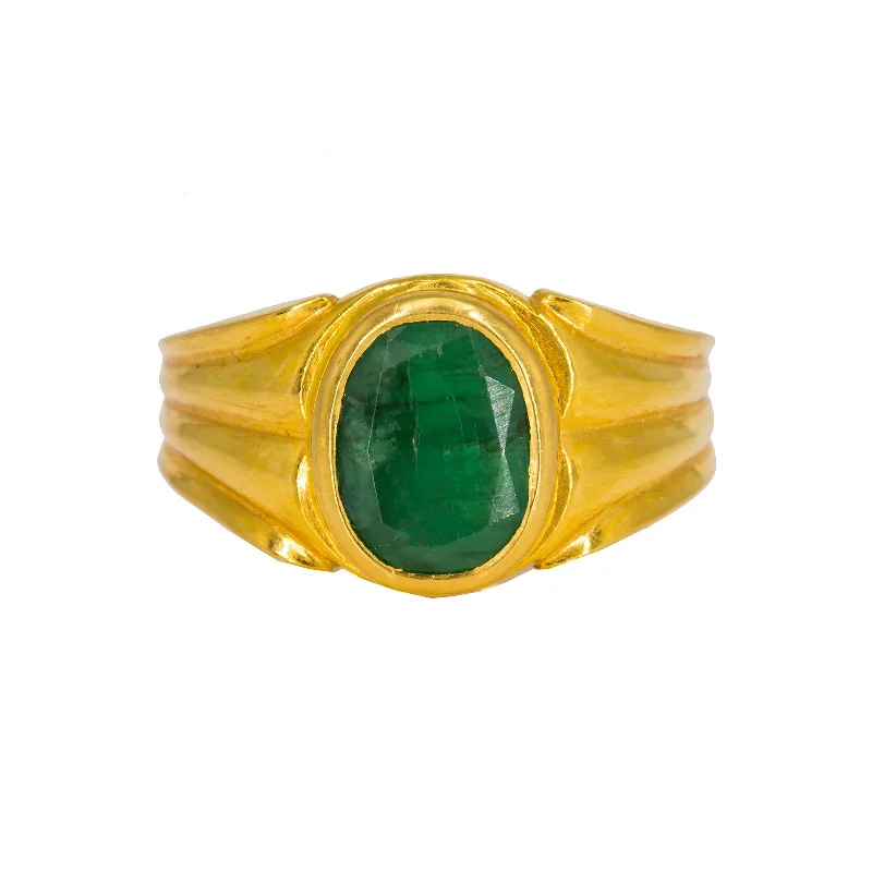 ladies personalized rings-22K Yellow Gold Men's Ring W/ Emerald & Vintage Ribbed Setting