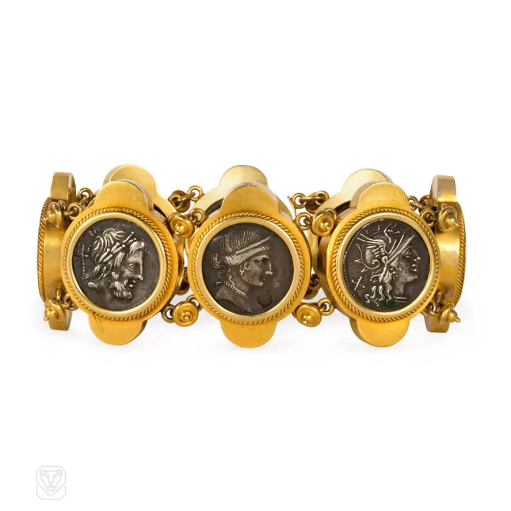 ladies stackable bracelets-Antique gold and ancient silver coin bracelet, Fiorentini