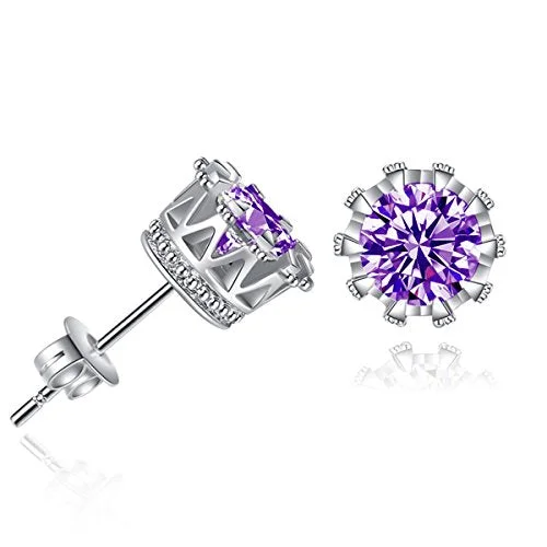 ladies bridal jewelry earrings-Sexy Sparkles Copper Ear Stud Earrings Purple Cubic Zirconia Inlaid Crown 9mm