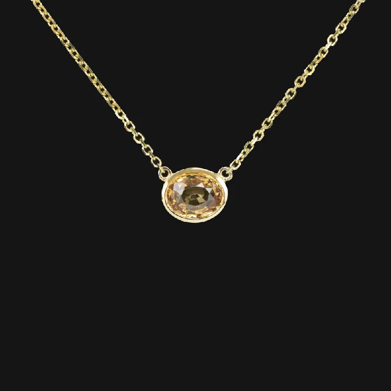 ladies heart-shaped necklaces-ORANGE SAPPHIRE PENDANT NECKLACE OVAL EAST WEST BEZEL 14K YELLOW GOLD NATURAL