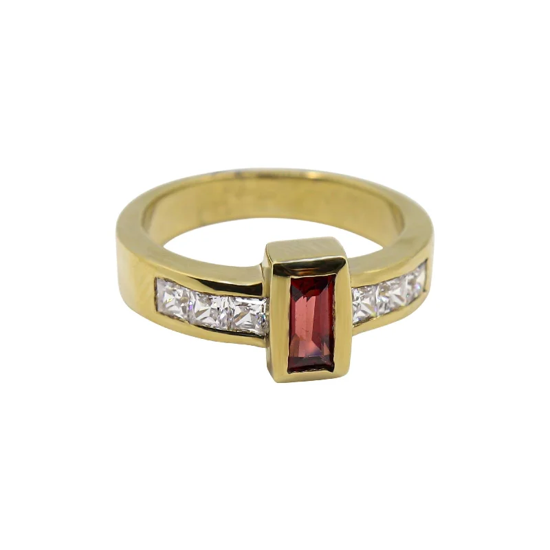 ladies multi-stone rings-Baguette Cut Garnet and Cubic Zircon set in Yellow Gold Ring