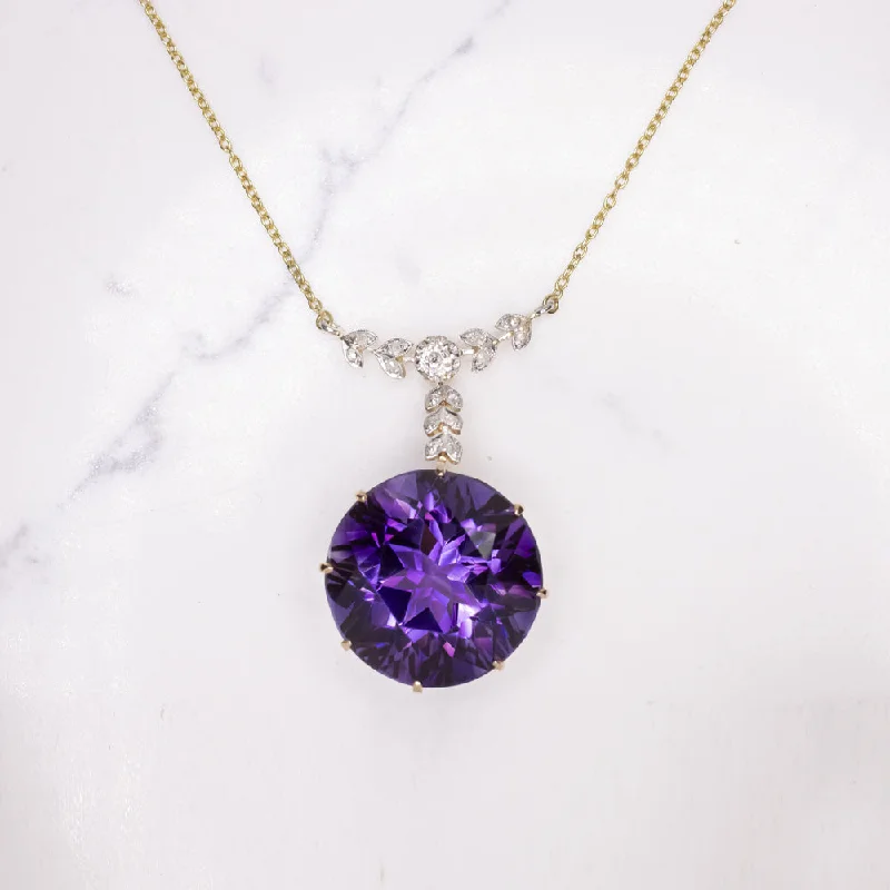 ladies nature-themed necklaces-ART NOUVEAU AMETHYST DIAMOND NECKLACE ANTIQUE 18k YELLOW GOLD FLORAL PENDANT