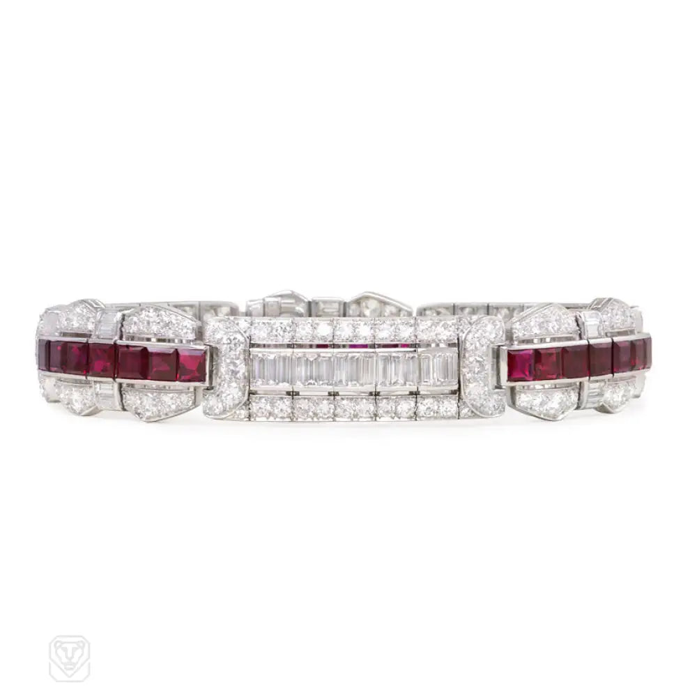 ladies custom bracelets-Art Deco diamond and Burma ruby bracelet, Marcus