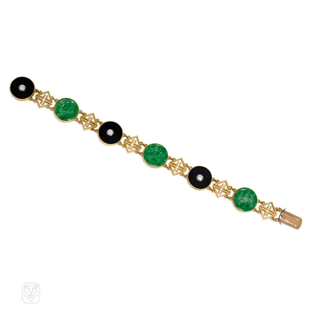 ladies stackable bangles-Art Deco gold, jade, and onyx link bracelet.  Tiffany