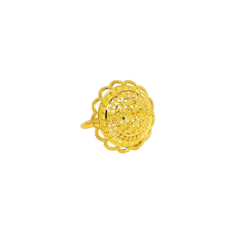 ladies statement rings-22K Yellow Gold Ring W/ Round Flower Shield Frame