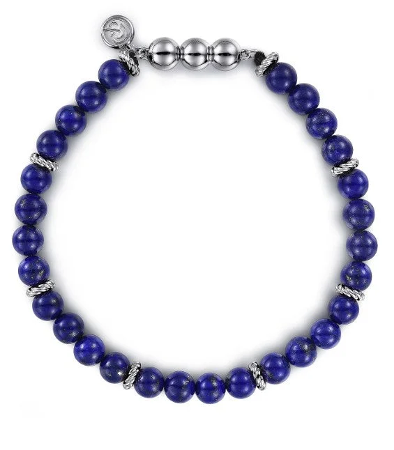 ladies gold chain bracelets-925 Sterling Silver and 6mm Lapis Beaded Bracelet